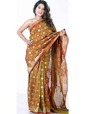 Dark-Goldenrod Jamdani Sari from Banaras with All-Over Flowers Woven in Jute and Zari