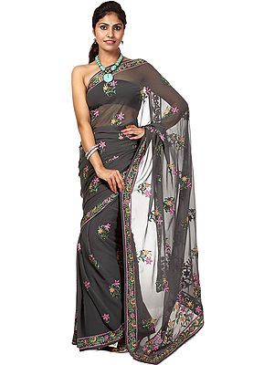 Dark-Gray Sari with Parsi Embroidered Flowers and Beadwork