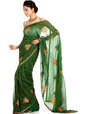 Dark-Green Sari with Copper Embroidered Bootis All-Over