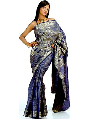 Deep Blue Banarasi Sari with Tanchoi Weave