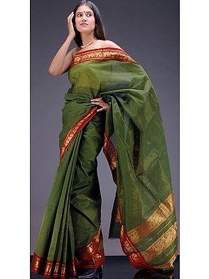Deep Green Narayanpet Sari with Pin Stripes