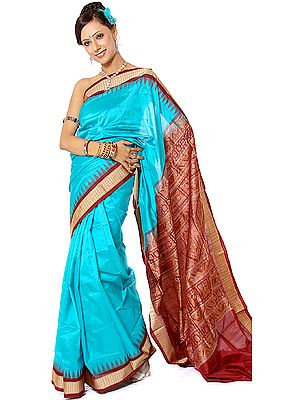 Deep Sky-Blue Bomkai Sari with Dense Weave on Anchal and Rudraksha Border