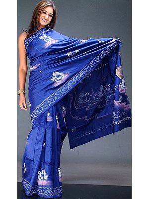 Deep-Blue Hand-Painted Sari