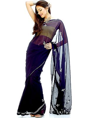 Deep-Blue Sari with Threadwork