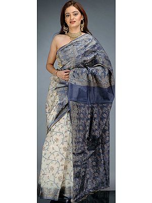 Discharge Dyed Ivory Tussar Silk Sari