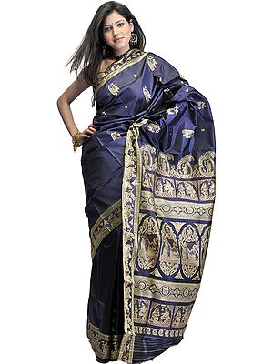 Draupadi's Swayamvar Woven on a Midnight-Blue Baluchari Sari from Bengal