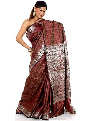 Eggplant Banarasi Jamawar Sari with Silver Tanchoi Weave