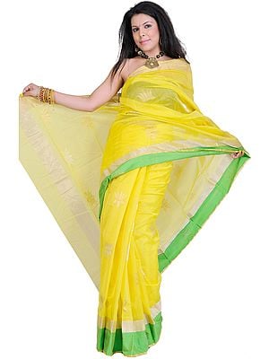 Empire-Yellow Chanderi Sari with Hand-woven Lotuses in Golden Zari Thread