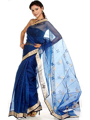Estate-Blue Chanderi Sari with Wide Golden Border and Bootis