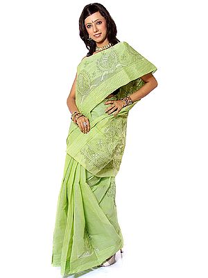 Fern-Green Kantha Hand-Embroidered Sari from Bengal