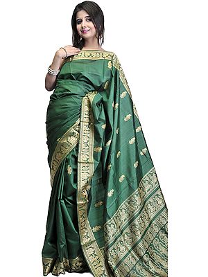 Forest-Green Baluchari Sari from Bengal with Mythological Episodes Woven by Hand