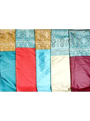 Lot of Five Plain Banarasi Saris with Weave on Border and Anchal