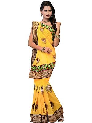 Freesia-Yellow Wedding Sari with Embroidered Floral Border