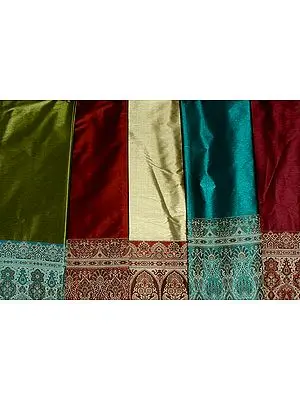 Lot of Five Plain Banarasi Saris with Weave on Border and Anchal