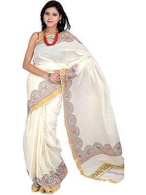 Fusion Kasavu Kerala Sari with Hand-Painted Folk Madhubani Motifs from Bihar