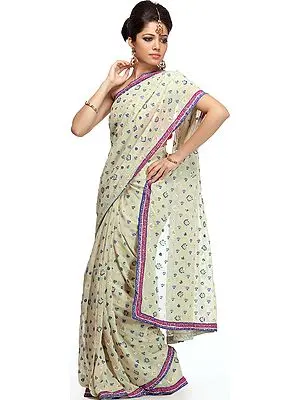 Lime-Pulp Sari with All-Over Sequined and Painted Bootis