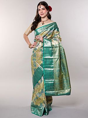 Rice-Gold Pure Silk Floral Vine Woven Saree with Zari Weave and Wide Border from Bangalore