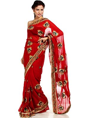 Garnet-Red Sari with Large Aari Embroidered Flowers