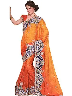 Ginger-Orange Wedding Sari with Heavy Patch Border and Self Weave