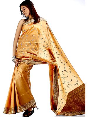 Golden Banarasi Sari with Embroidery on Anchal