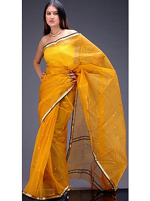 Golden Chanderi Sari with Bootis and Checks