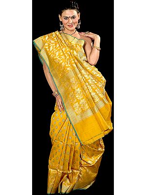 Golden Mustard Jamdani Sari from Banaras with Woven Flowers All-Over