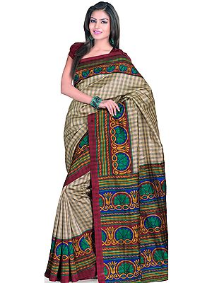 Beige Sari from Surat with Floral Print on Border and Woven Checks