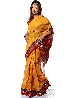 Golden-Yellow Handwoven Gadwal Sari with Zari on Border and Anchal