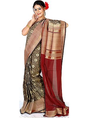 Gray and Maroon Jamdani Sari from Banaras with All-Over Golden Thread Weave All-Over