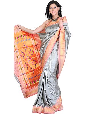 Gray Paithani Sari with Hand-Woven Peacocks