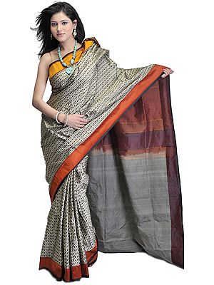 Gray Handloom Sari from Banaras with All-Over Geometric Weave and Plain Borders