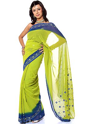 Green and Blue Sari with Sequins and Embroidery
