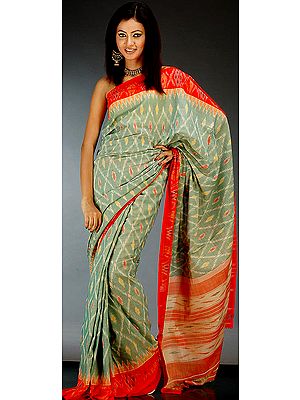 Green and Orange Ikat Sari from Pochampally