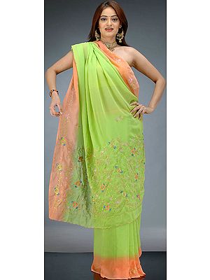 Green and Peach Sari with Embroidery