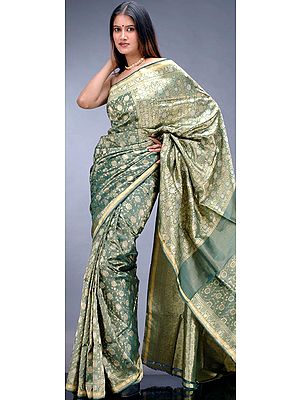 Green Banarasi Sari with Golden Thread Work