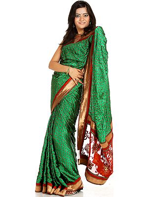 Green Bandhani-Print Sari with Net Anchal and Patch Border