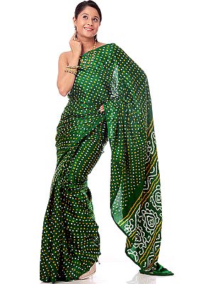 Green Bandhani Tie-Dye Sari with from Gujarat