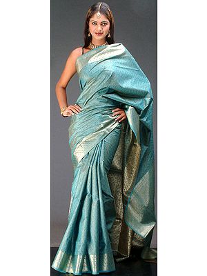 Sky-Blue Jamawar Sari with Tanchoi Weave