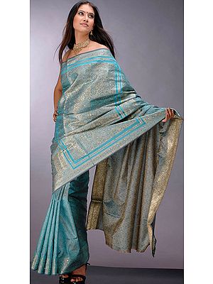 Green Jamawar Tanchoi Sari with Sequins