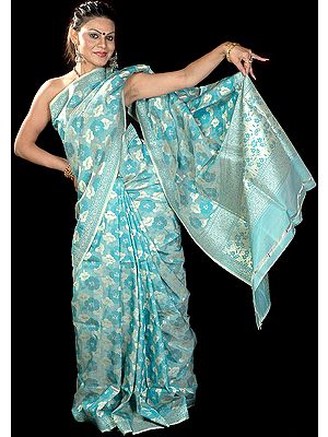 Green Jamdani Sari with All-Over Hand-Woven Flowers in Golden Thread