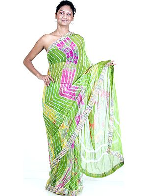 Green Leheria Sari from Gujarat with Gota Border
