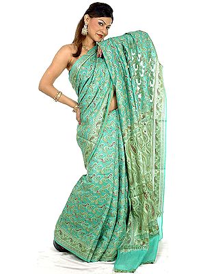 Green Paisley Jamdani Sari Hand-Woven in Banaras