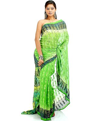 Green Printed Sari with Sequins