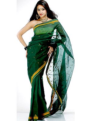 Green South Cotton Sari with Orange Thread Weave