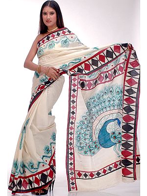 Hand-Painted Peacock Sari