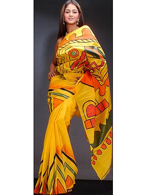 Hand-Painted Pure Silk Sari from Bengal