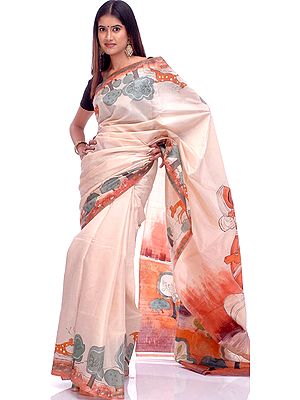 Hand-Painted Sari with a Lady and a Deer
