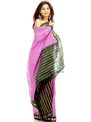 Handwoven Amethyst Gadwal Cotton Sari with Real Silver Zari on Border