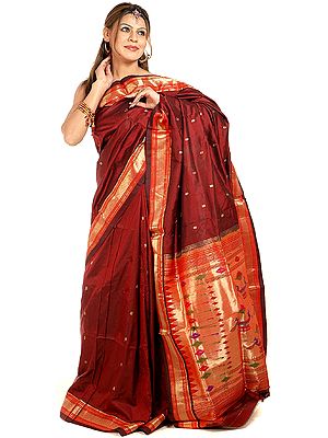 Handwoven Auburn Paithani Sari with Zari Pallu