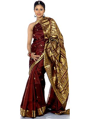 Hand-Woven Chocolate-Brown Baluchari Sari Depicting Draupadi's Swayamvar